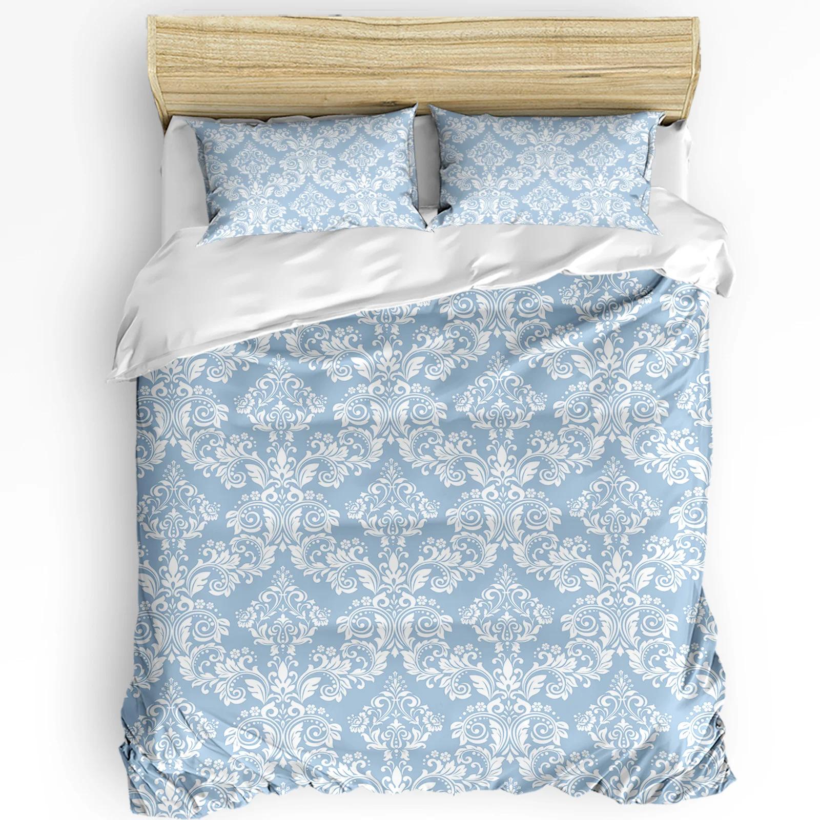 Light Blue Baroque Flower Bedding Set 3pcs Boys Girls Duvet Cover Pillowcase Kids Adult Quilt Cover Double Bed Set H